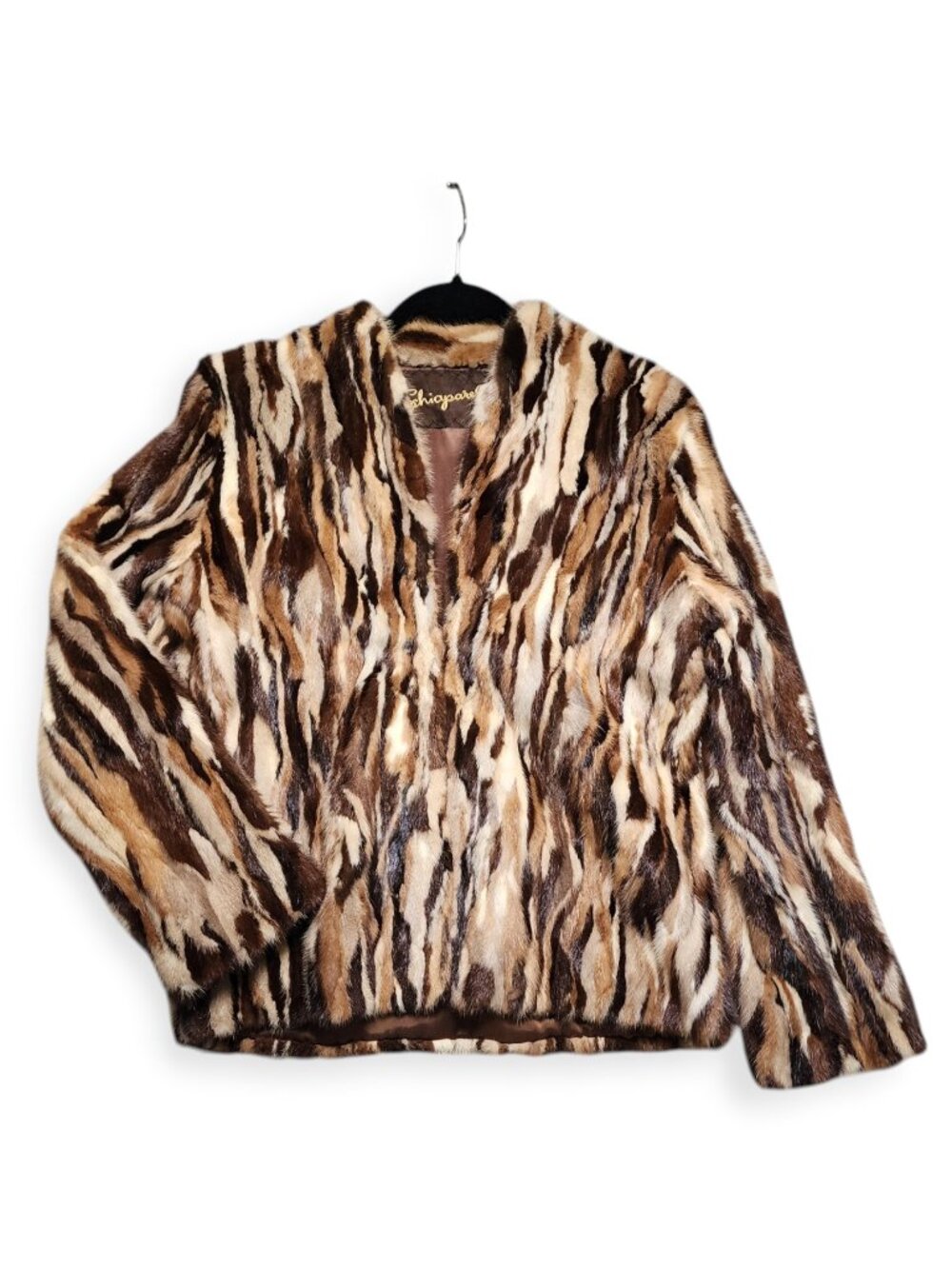 Vintage Schiaparelli Paris Pieced Mink Fur Coat Brown Patchwork Fur Jacket Women
